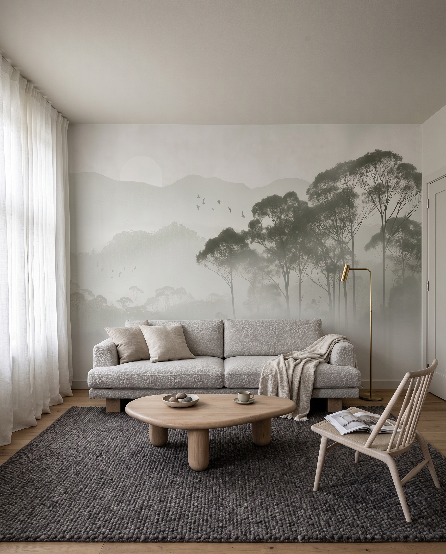 Bomen op nevelige heuvelrand in een interieur