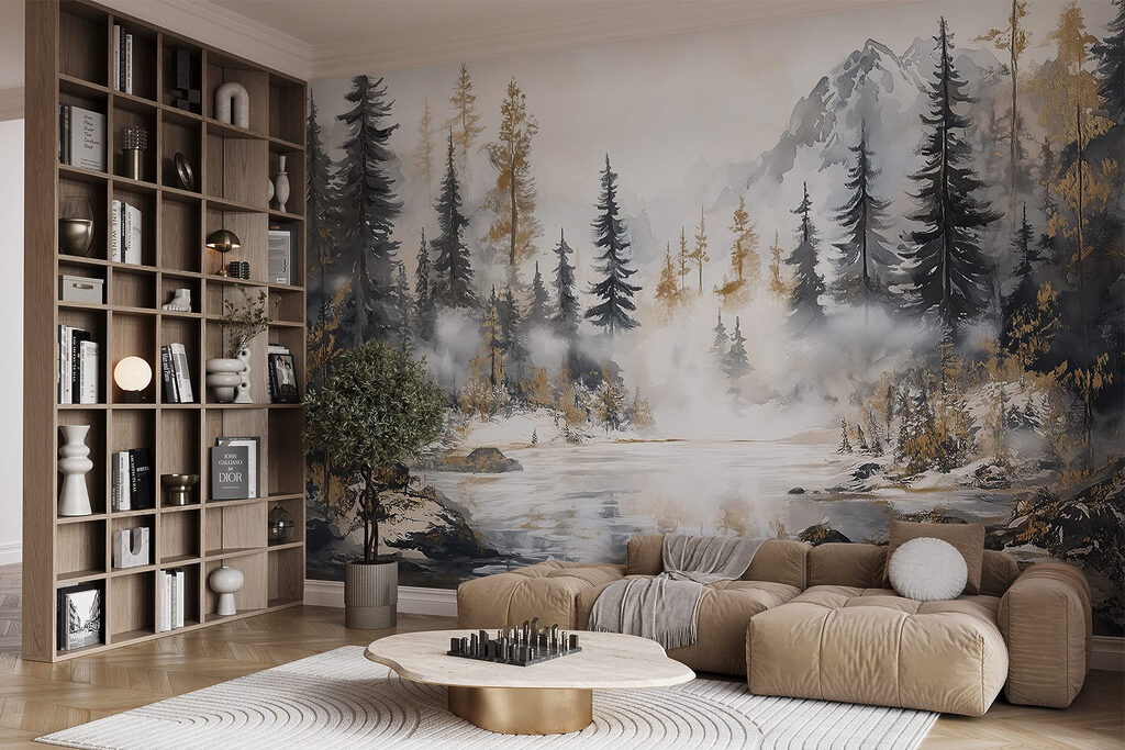 Aquarel van een bos en bergen in een interieur