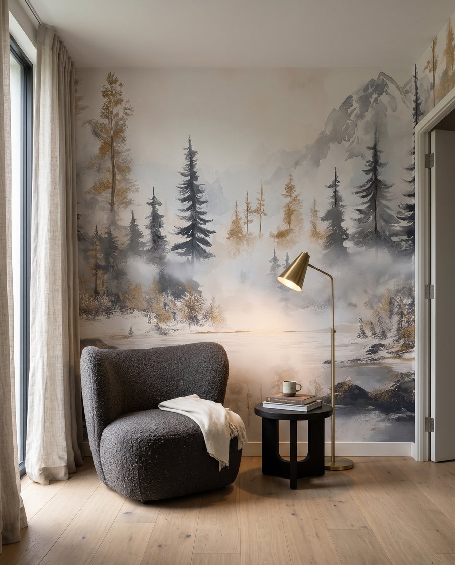 Bosbeek onder besneeuwde bergen in een interieur