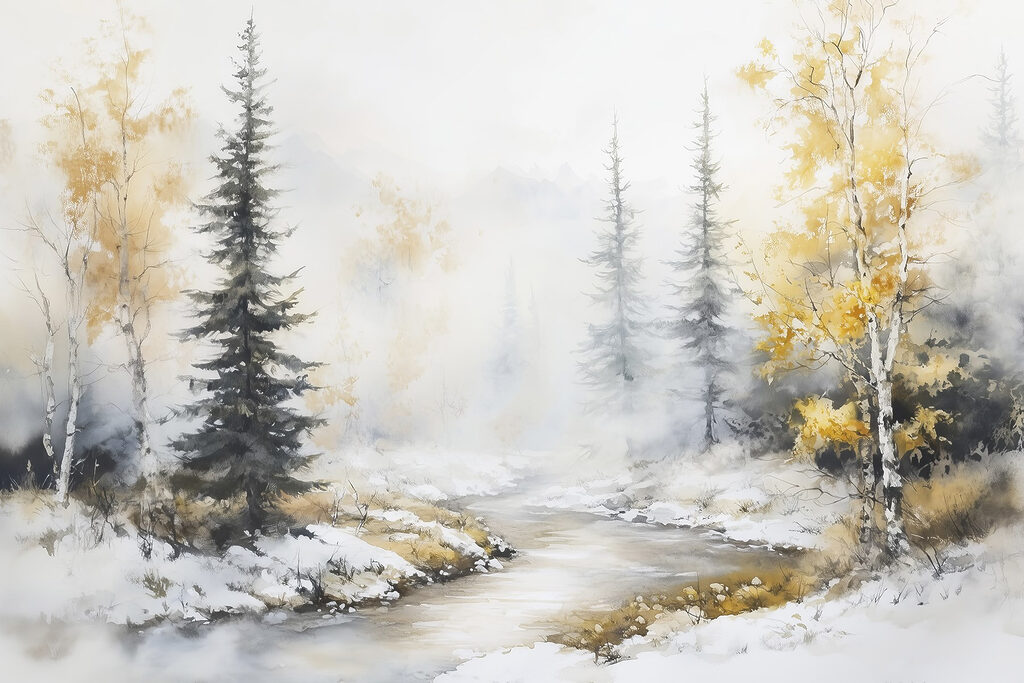 Winterbeek tussen gele bomen — volledig ontwerp