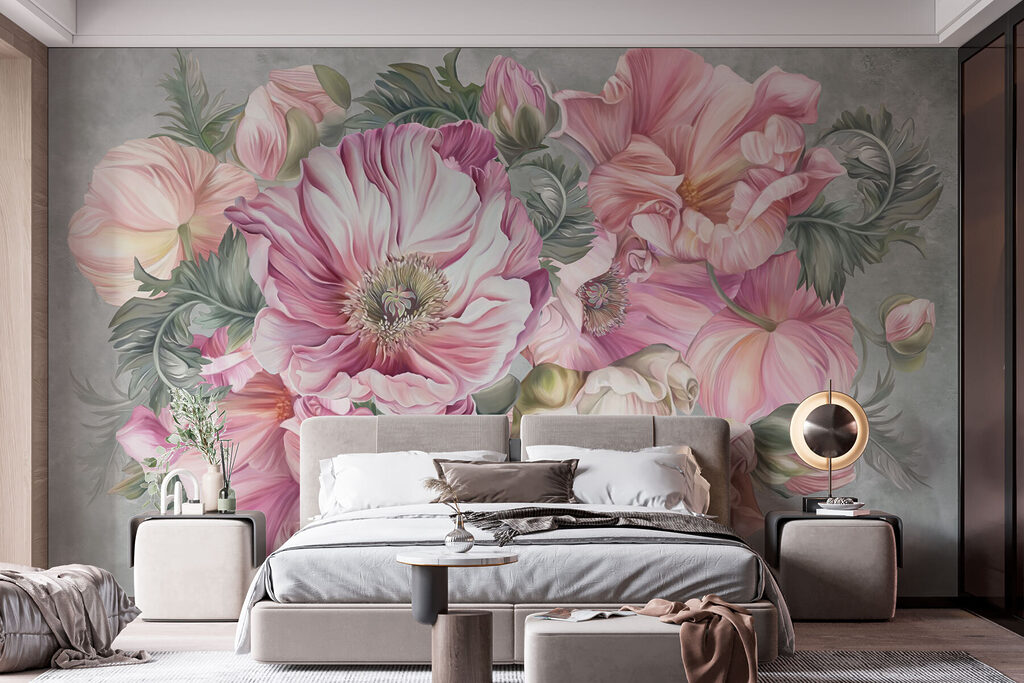 Roze boeket op grijsgroen — interieur 1