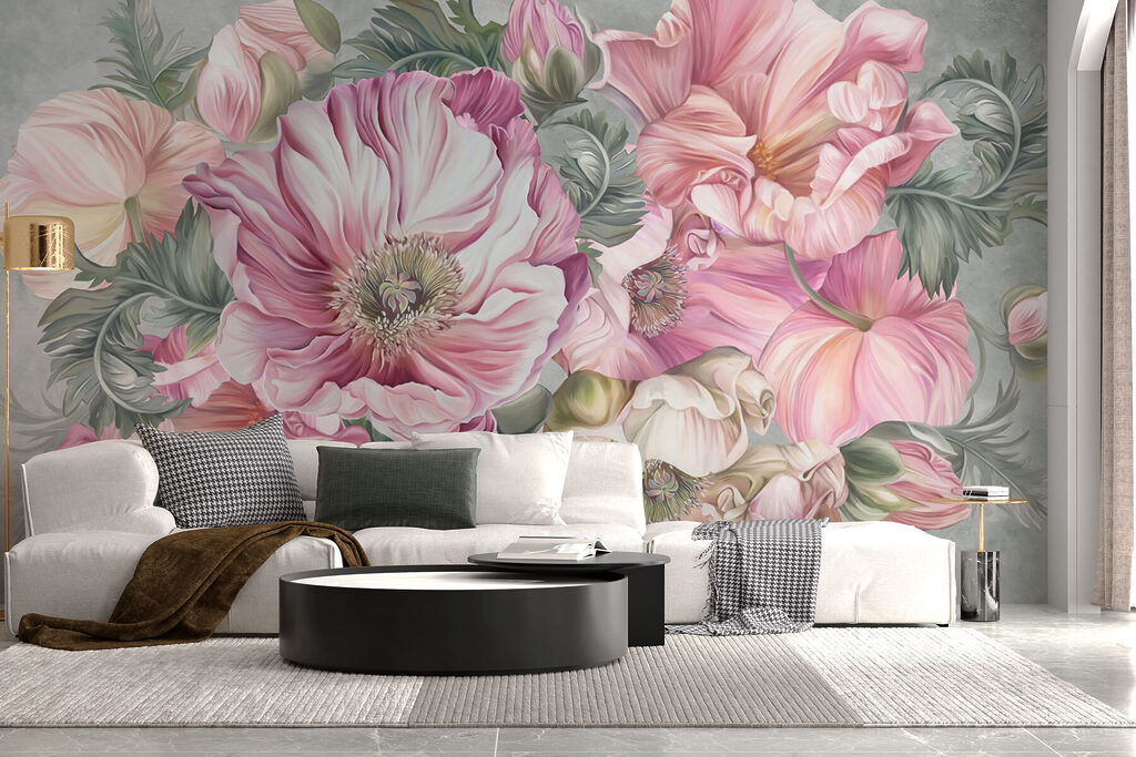 Roze boeket op grijsgroen — interieur 2