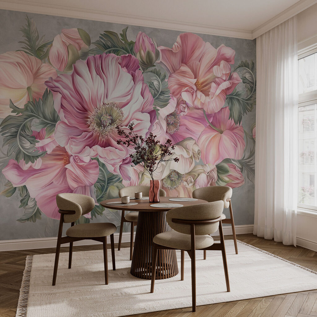 Roze boeket op grijsgroen — interieur 3