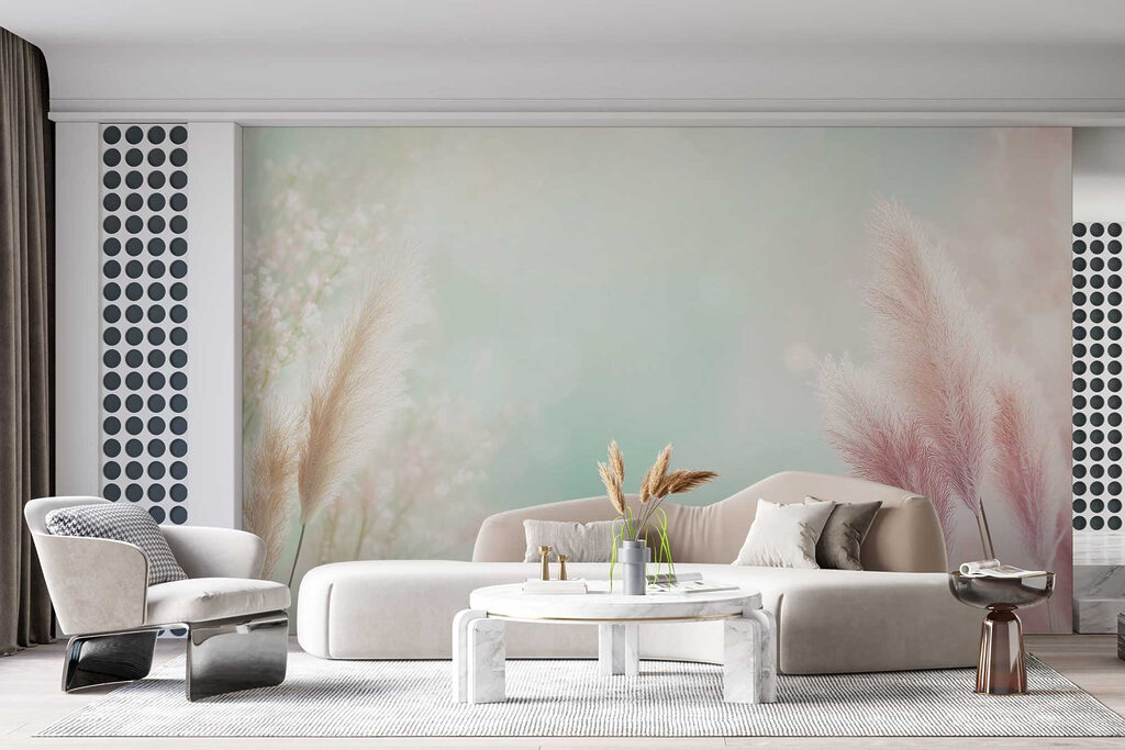 Roze pluimen rond zachtgroen — interieur 1