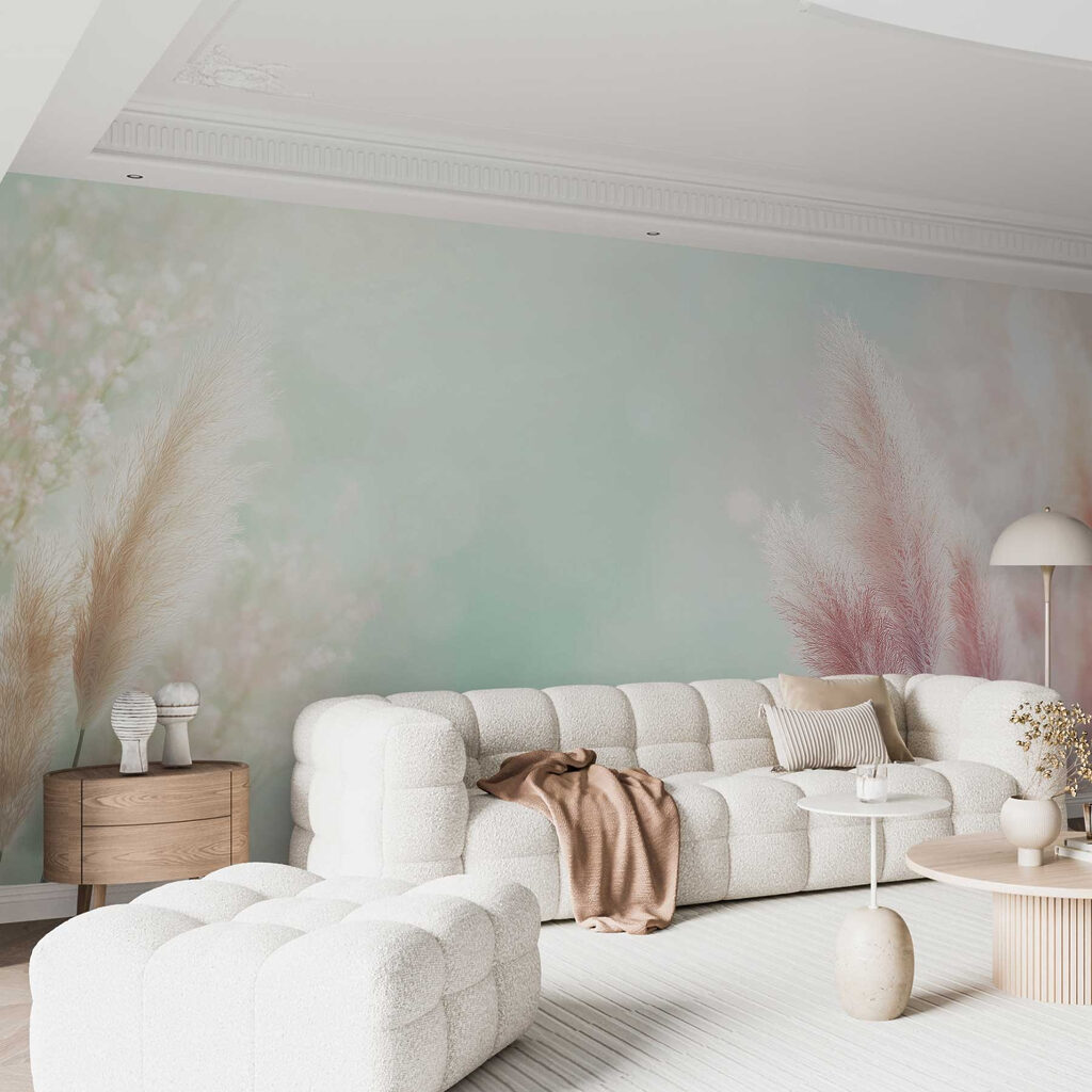Roze pluimen rond zachtgroen — interieur 2