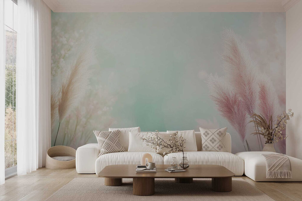 Roze pluimen rond zachtgroen — interieur 3