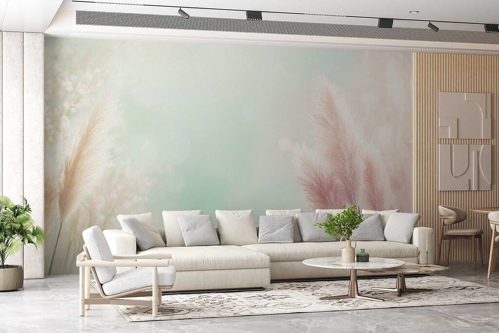 Roze pluimen rond zachtgroen — interieur 4