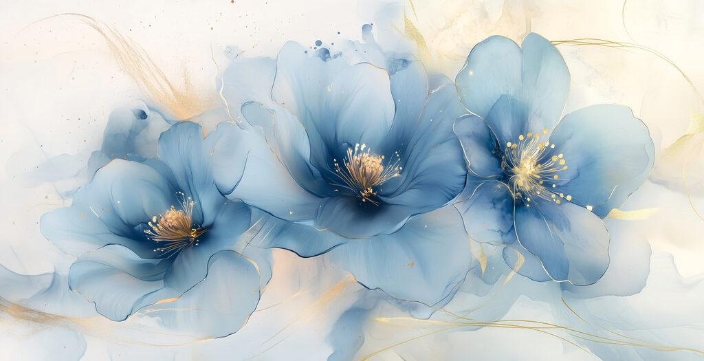 Delicate blauwe bloesems in zachte tinten — volledig ontwerp