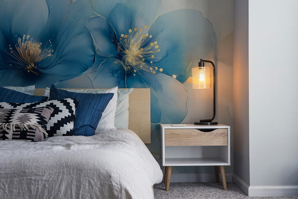 Delicate blauwe bloesems in zachte tinten in een interieur