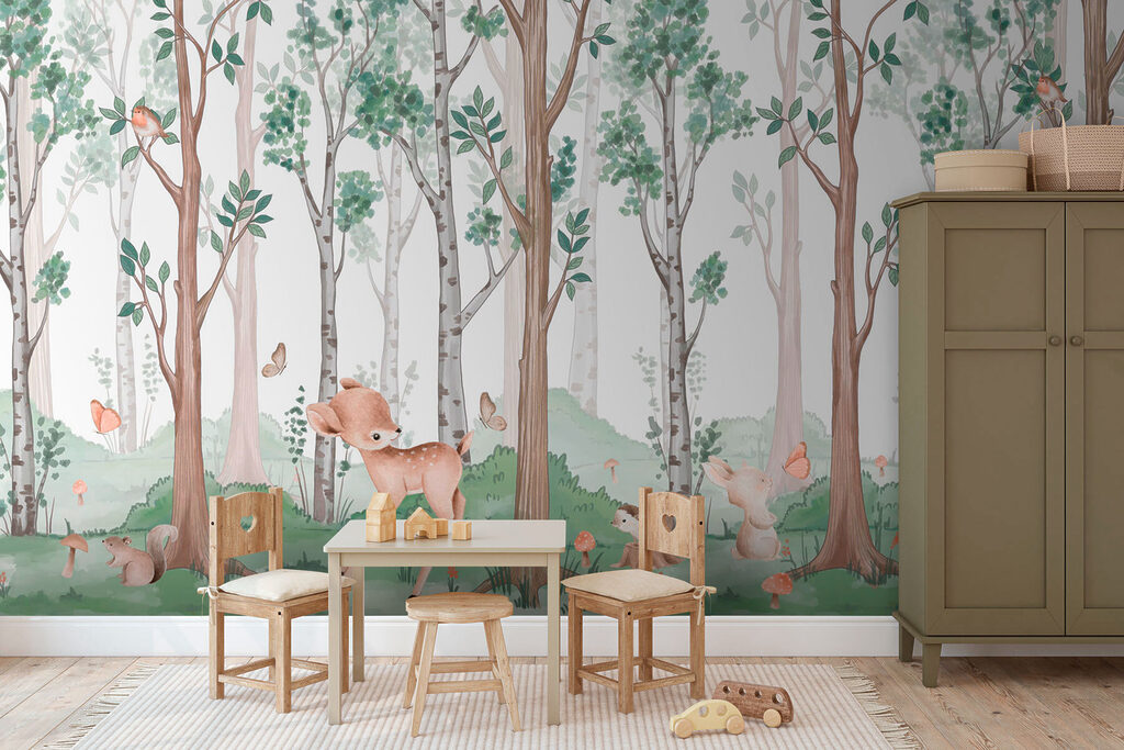 Herten tussen slanke bosstammen — interieur 1