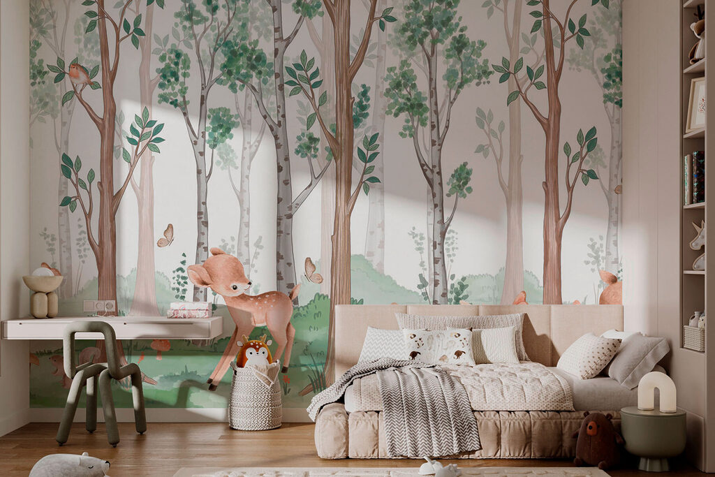 Herten tussen slanke bosstammen — interieur 3