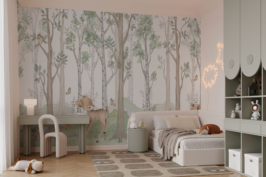 Een sprookjesachtig bos met schattige dieren in een interieur
