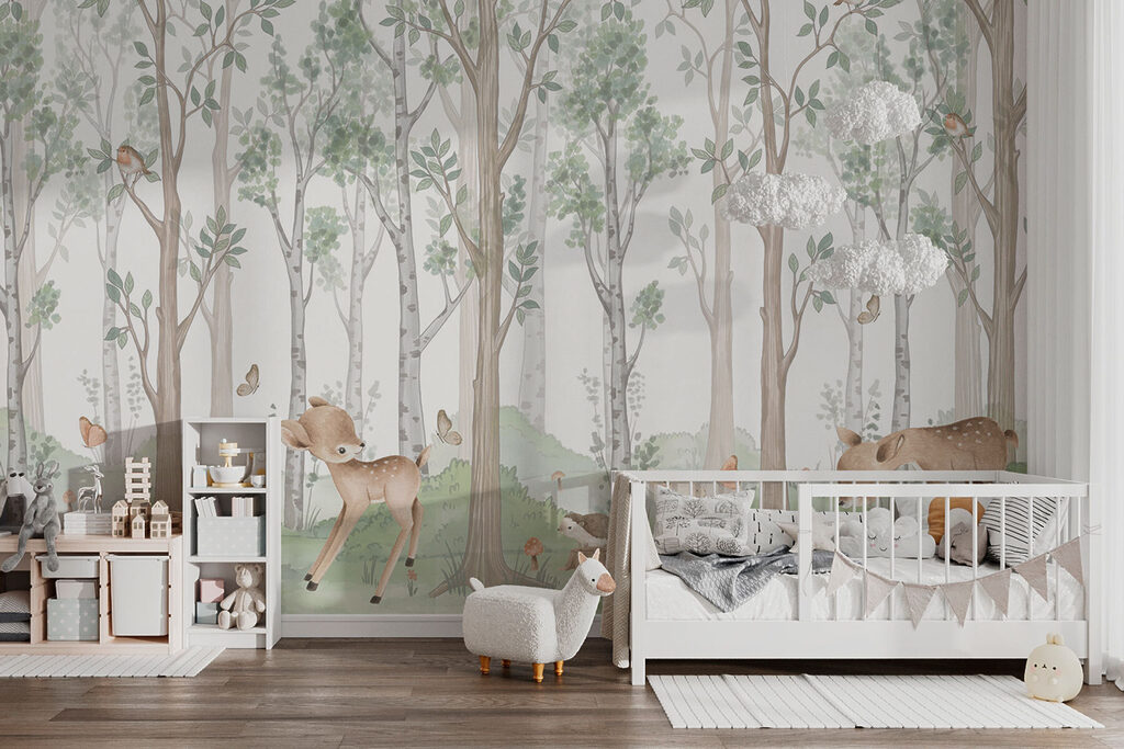 Herten tussen lichte bomen — interieur 3