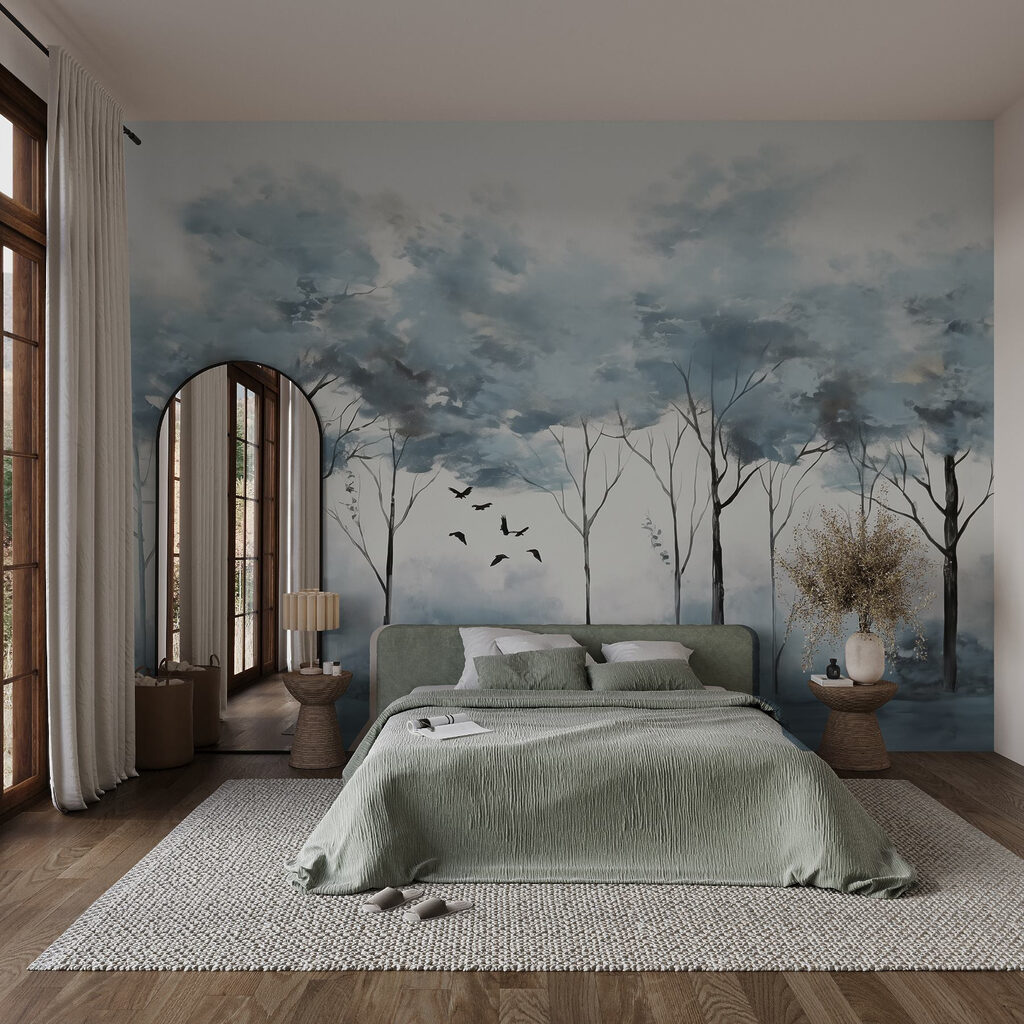 Blauwe boomkruinen in waterverf — interieur 1