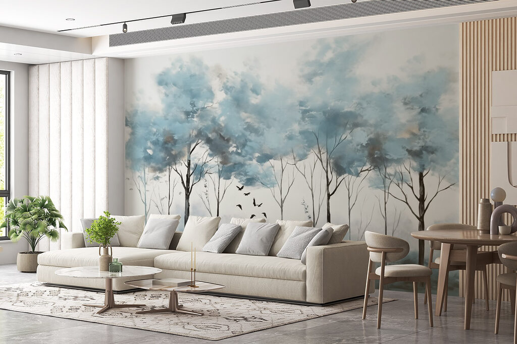 Blauwe boomkruinen in waterverf — interieur 2
