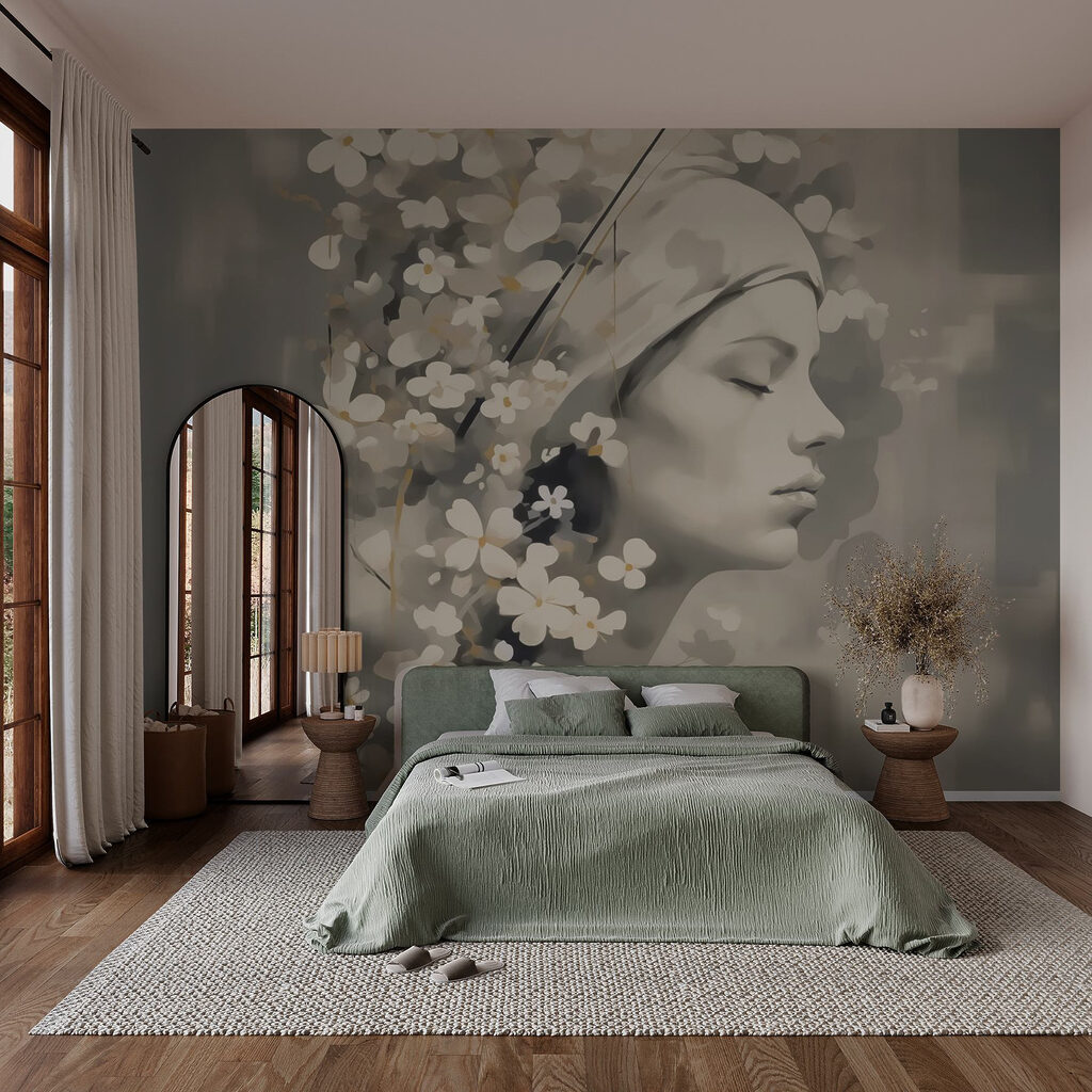Vrouwenprofiel tussen witte bloesem — interieur 1