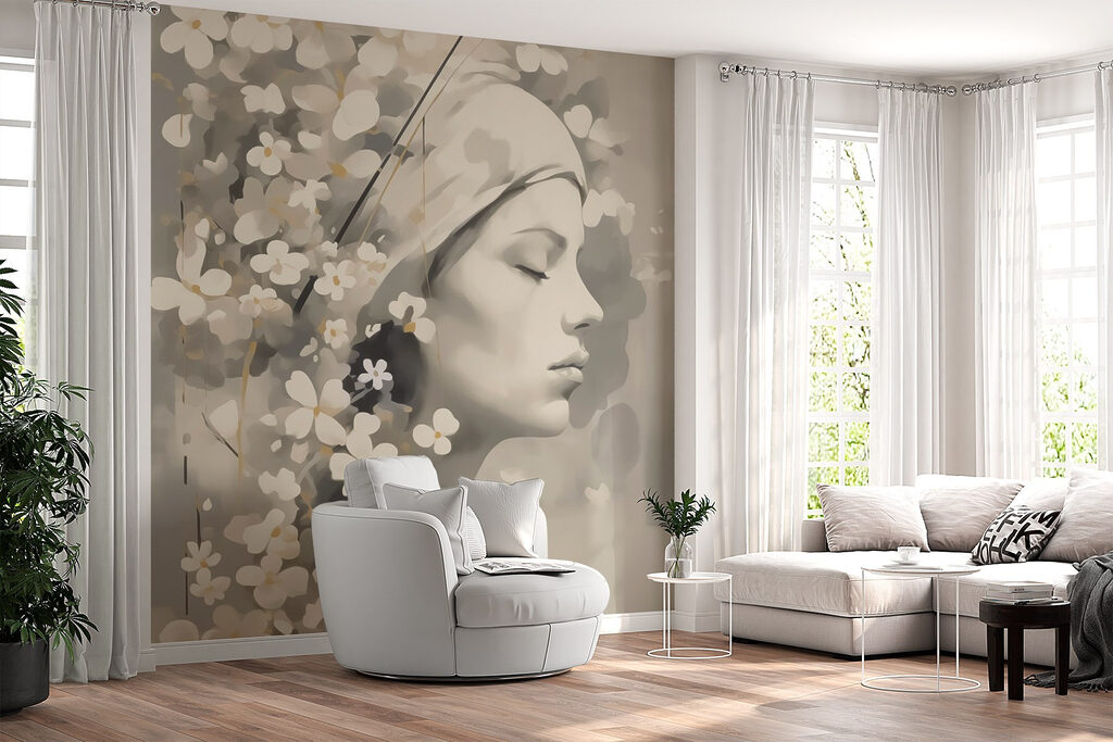Vrouwenprofiel tussen witte bloesem — interieur 2