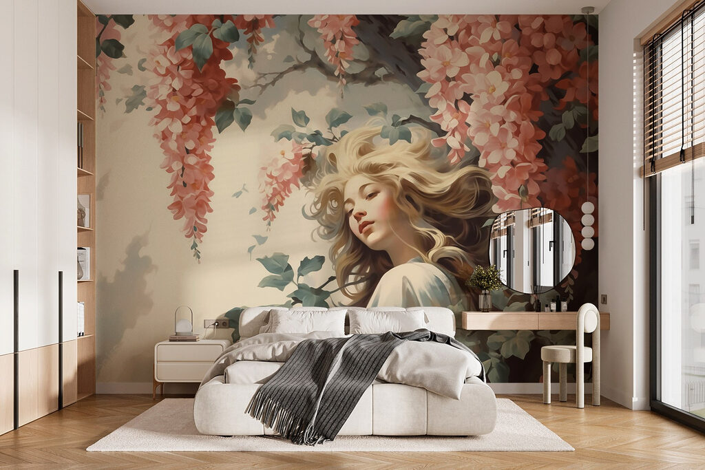 Vrouw onder hangende bloemen — interieur 1