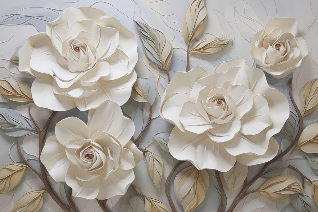 Witte rozen met bladreliëf — volledig ontwerp