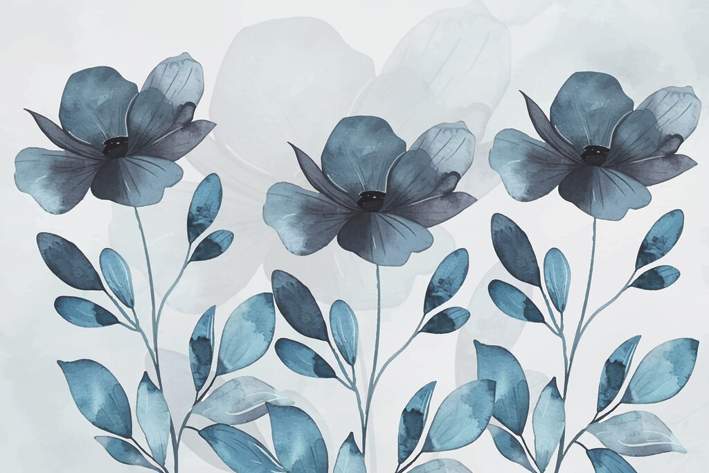 Blauwe bloemen boven bladstelen — volledig ontwerp