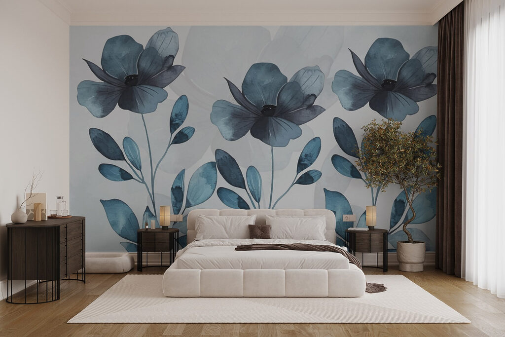 Blauwe bloemen boven bladstelen — interieur 1
