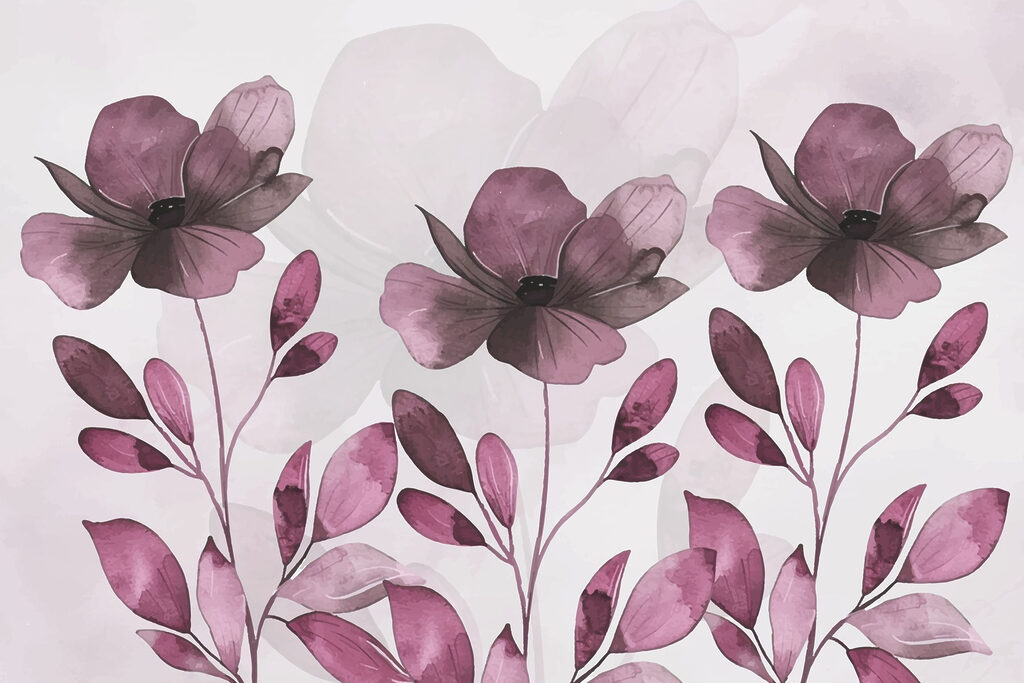 Pruimkleurige bloemen in waterverf — volledig ontwerp