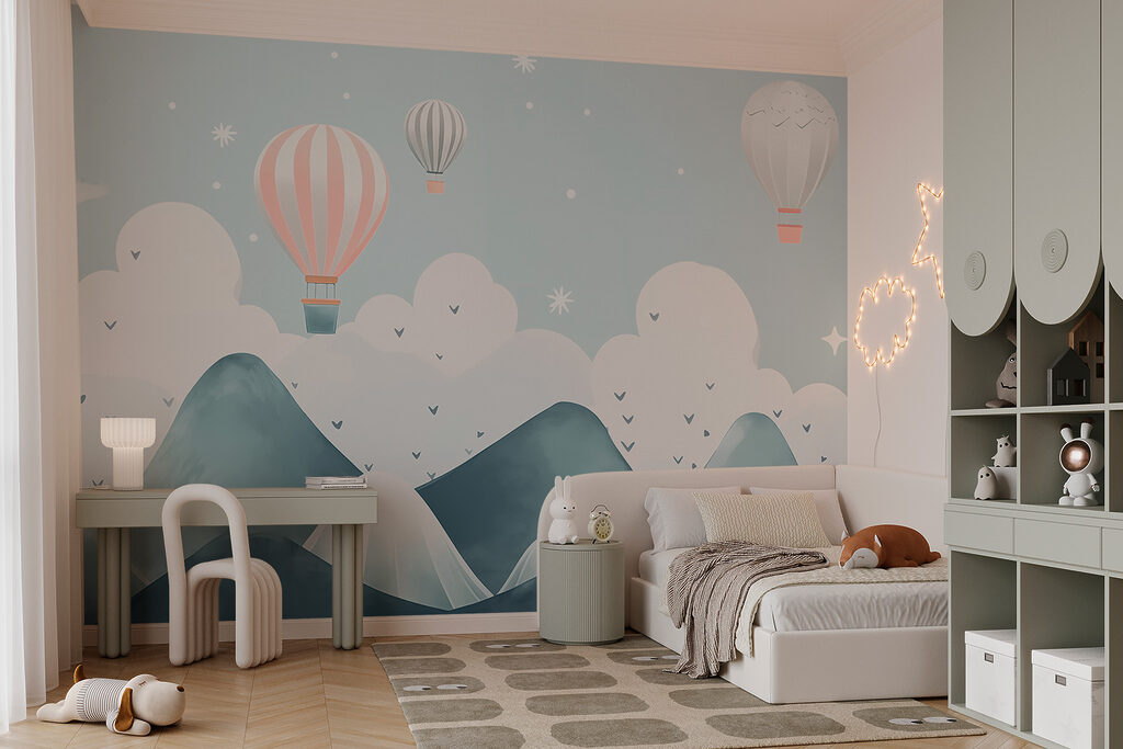 Hete luchtballonnen vliegen over bergen in een interieur
