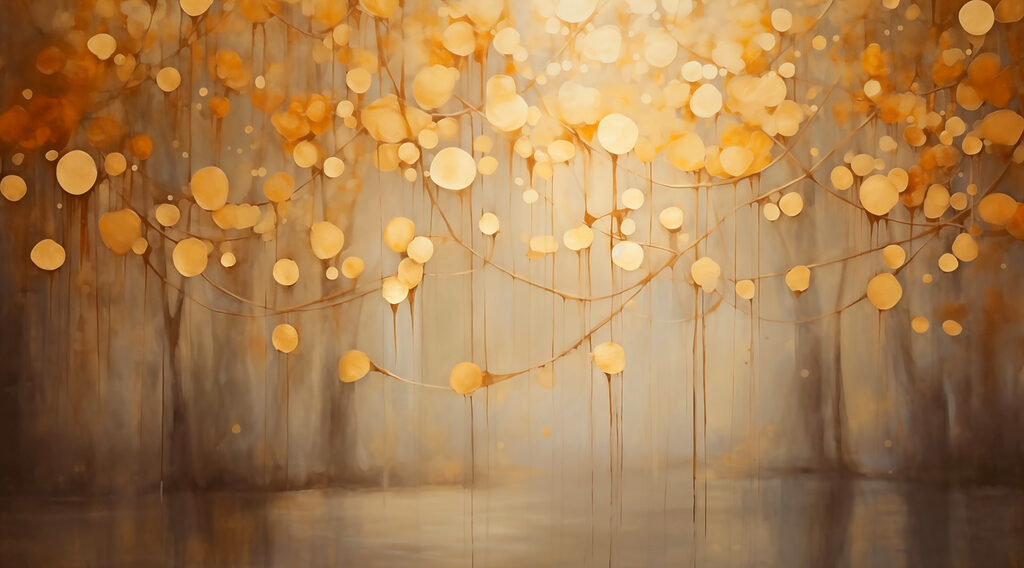 Gouden lichtbollen tussen bomen — volledig ontwerp