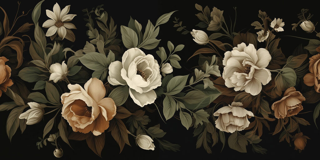 Oude bloemen op zwart — volledig ontwerp