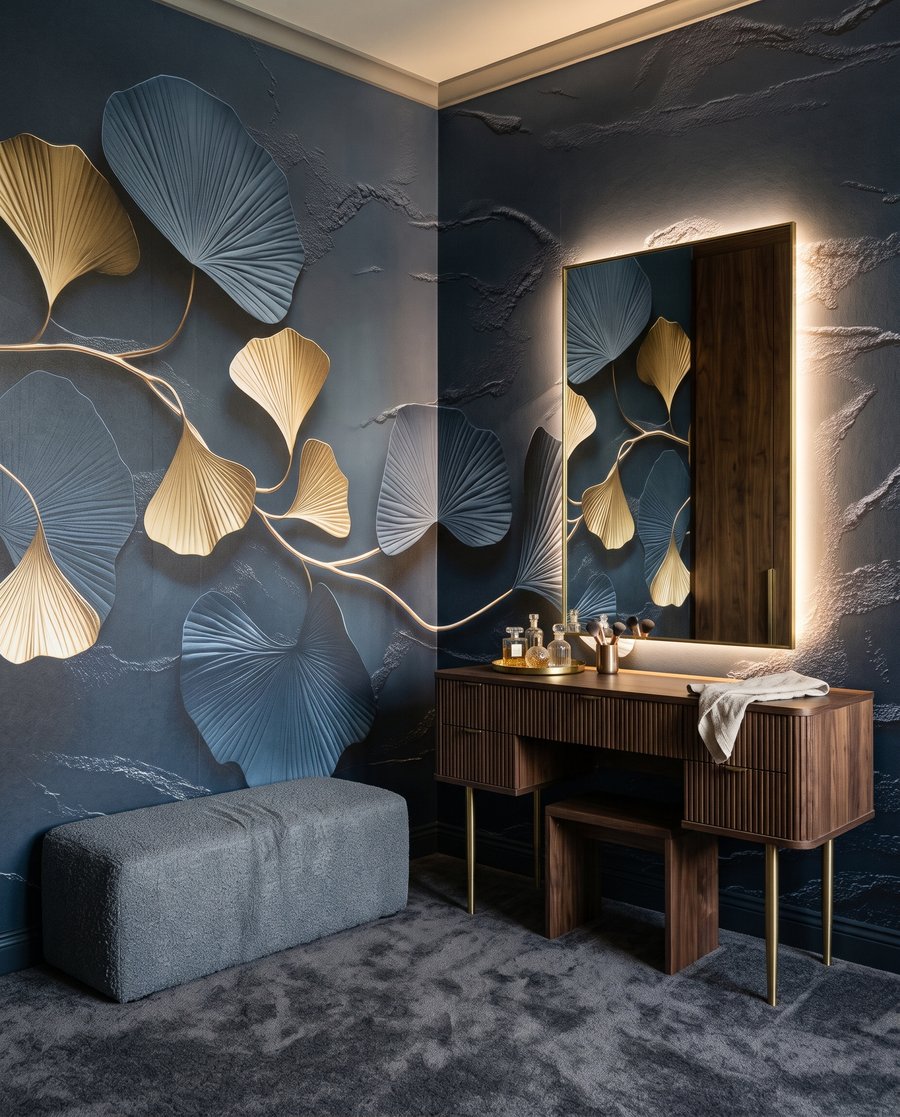 Gouden waaiers op nachtblauw in een interieur