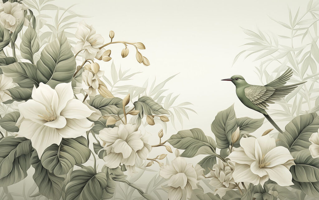 Kolibrie tussen roomwitte bloemen — volledig ontwerp