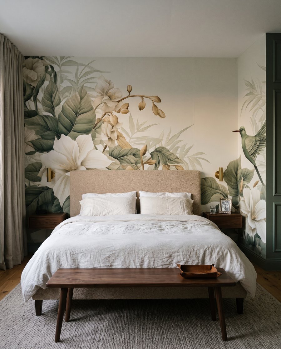 Kolibrie tussen roomwitte bloemen in een interieur