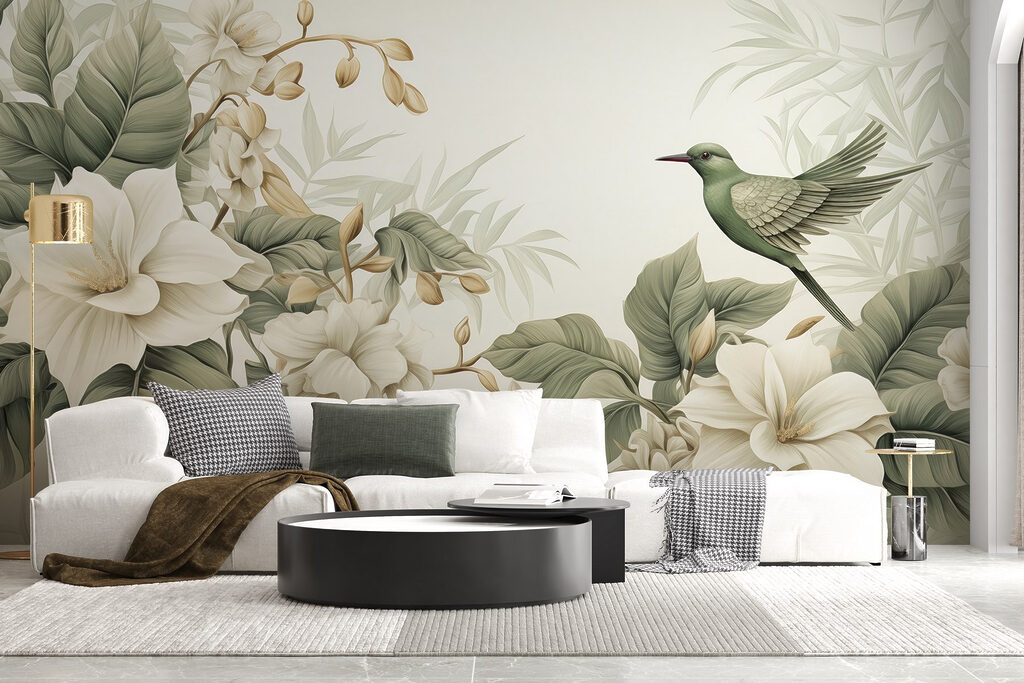 Vogel op een tak met bloemen in een interieur