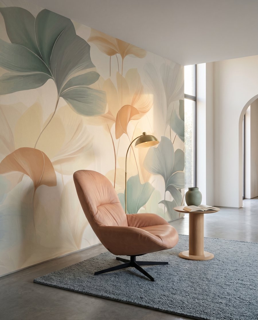Ronde bladeren in pastelgeel in een interieur