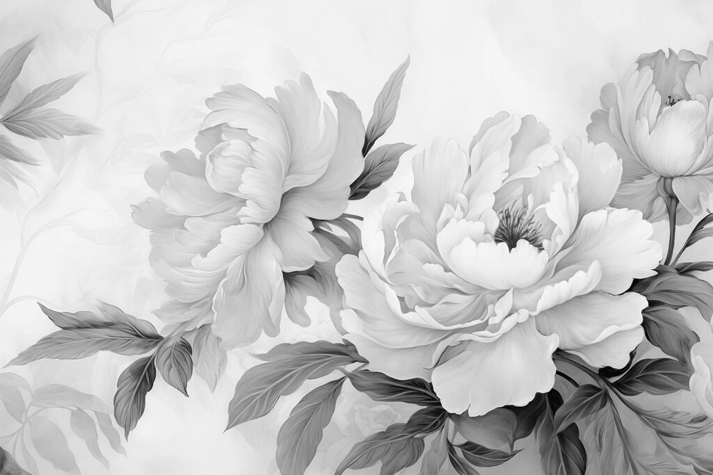 Witte pioenen met loof — volledig ontwerp