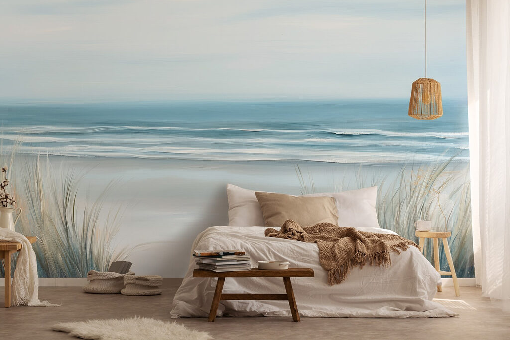 Strand met gras en golven in een interieur