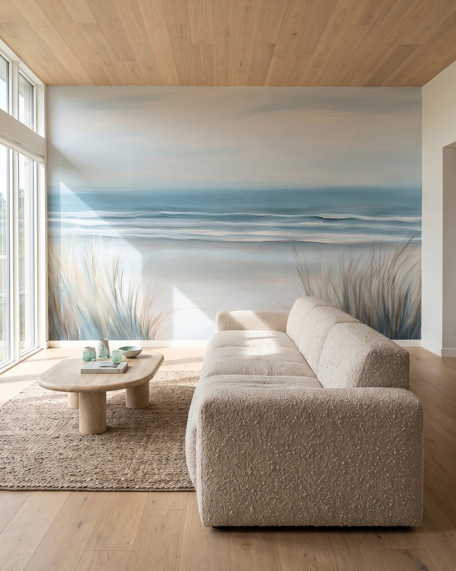 Zeegolven achter duingras in een interieur