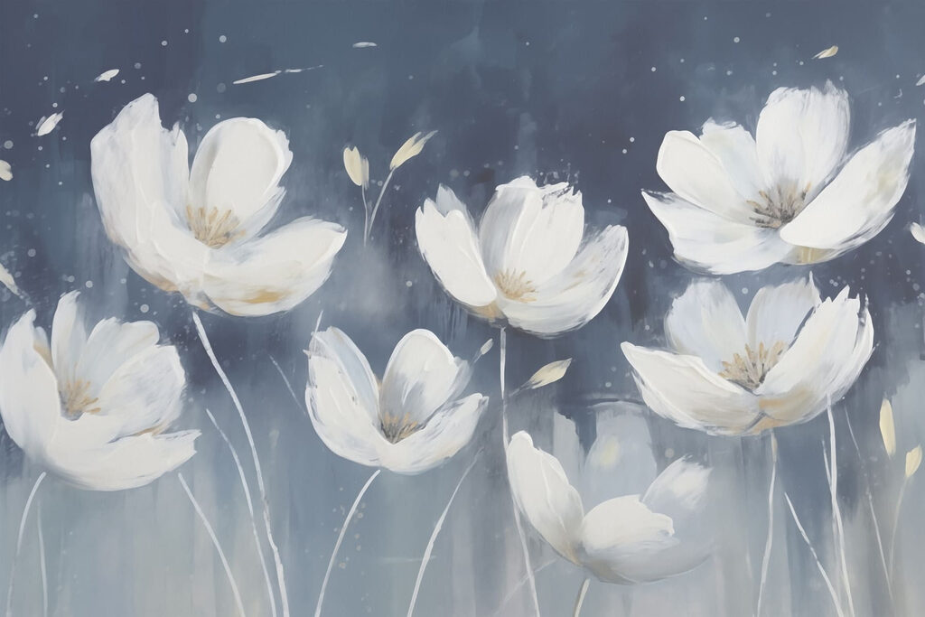 Witte bloemen tegen avondblauw — volledig ontwerp