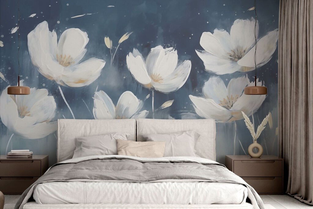 Witte bloemen tegen avondblauw — interieur 1