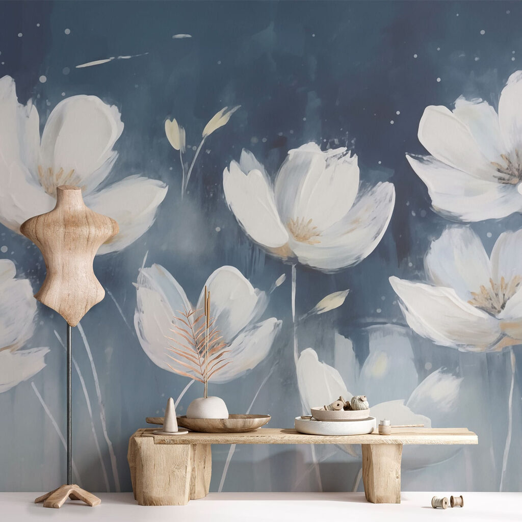 Witte bloemen tegen avondblauw — interieur 2