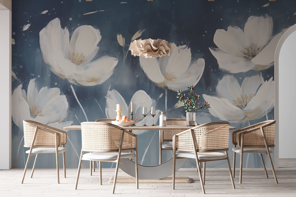 Witte bloemen tegen avondblauw — interieur 3
