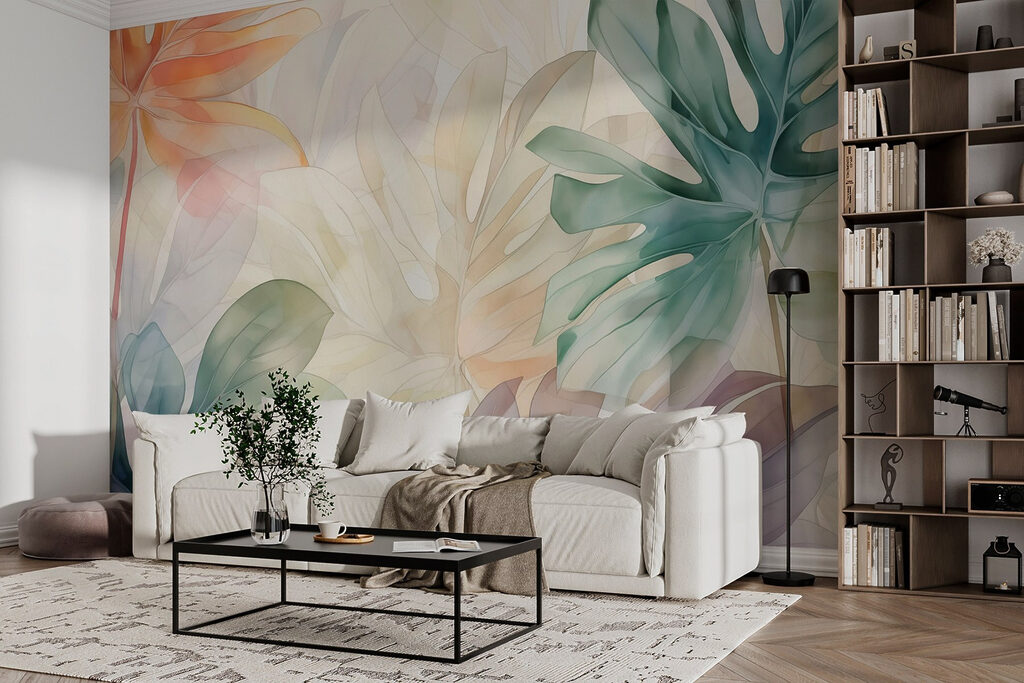 Tropische bladeren, zachte pasteltinten — interieur 2