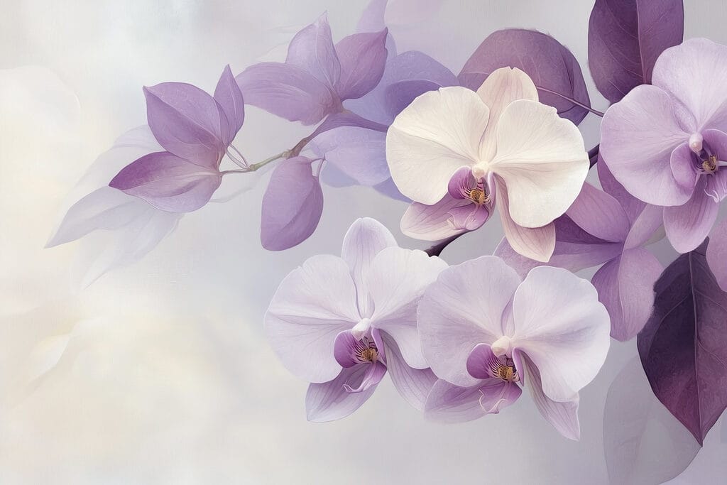 Orchideeën tussen paarse bladeren — volledig ontwerp