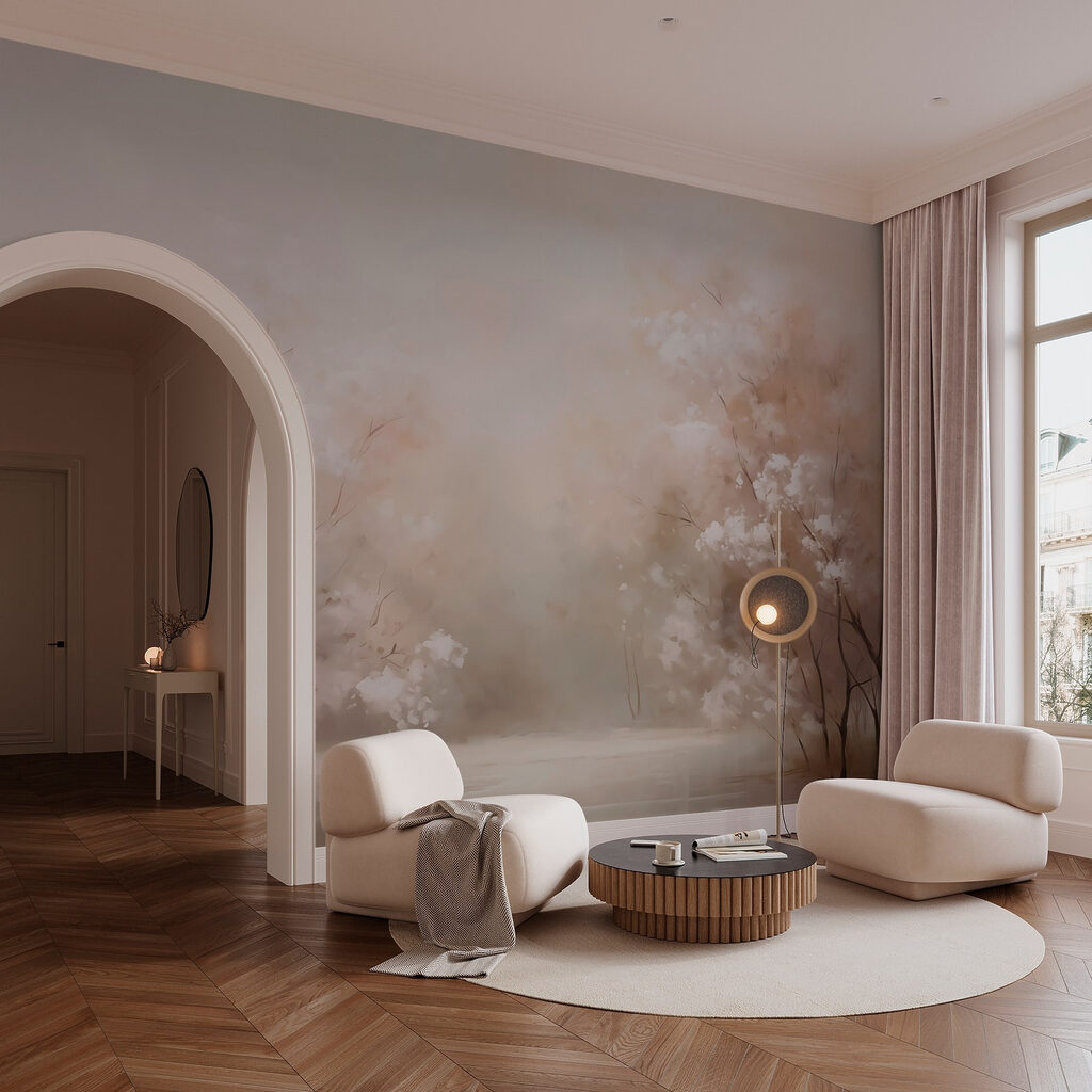 Bloesembomen langs rustig water — interieur 1