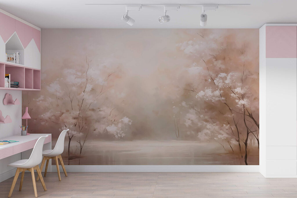 Bloesembomen langs rustig water — interieur 2