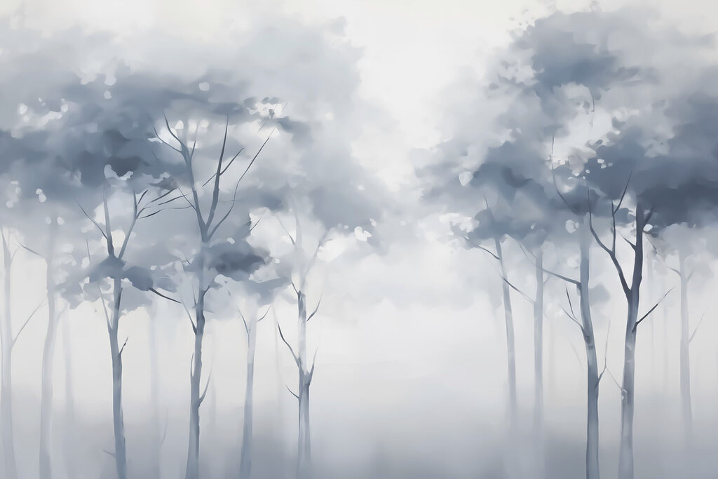 Blauwe bomen achter mist — volledig ontwerp