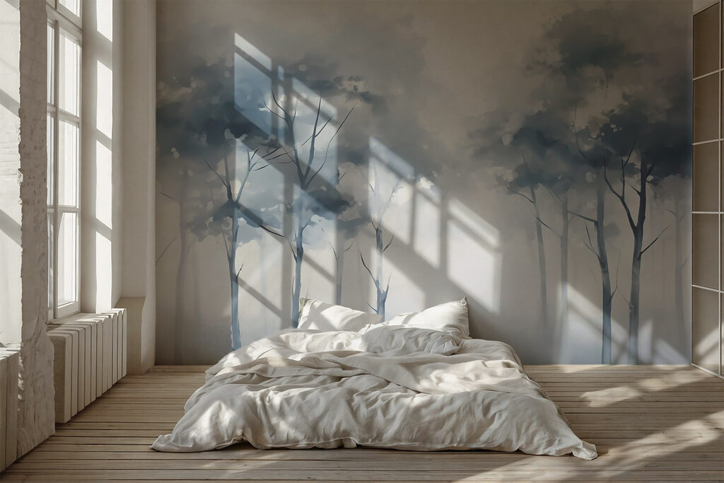 Blauwe bomen achter mist — interieur 1