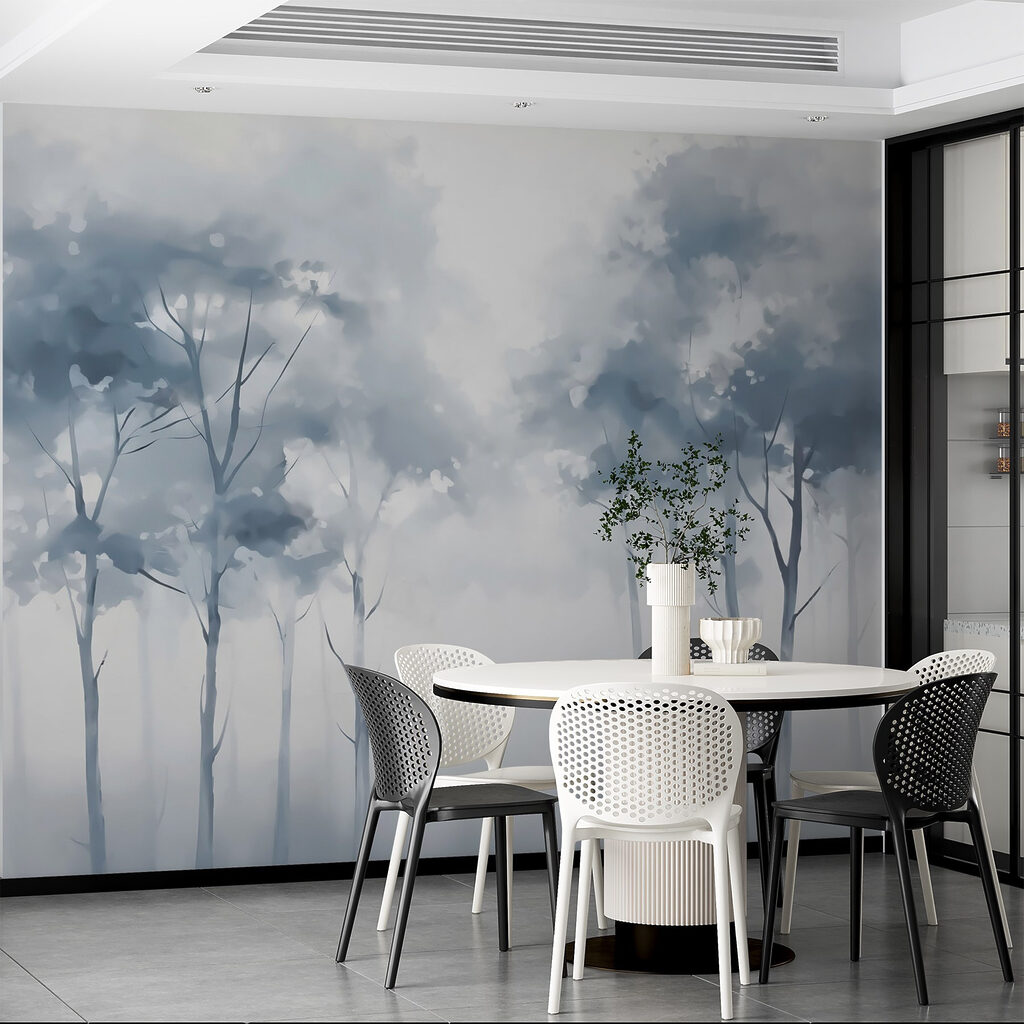 Blauwe bomen achter mist — interieur 2