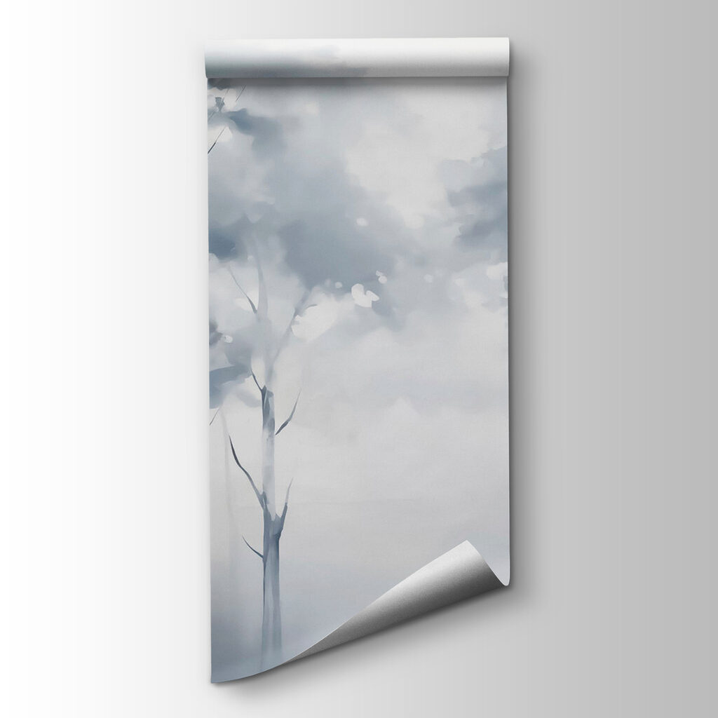 Blauwe bomen achter mist — productweergave