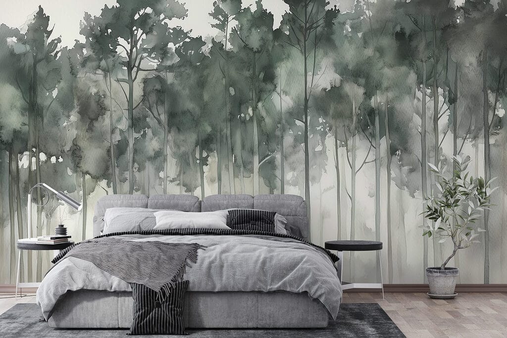 Groep bomen in mist in een interieur
